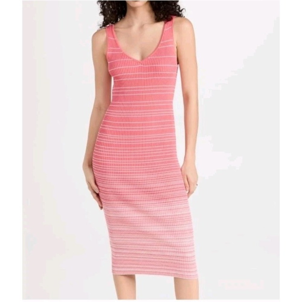 NWT STAUD Dana Dress Sz XL Pink White Ombre Striped Ribbed Knit Midi Stretch